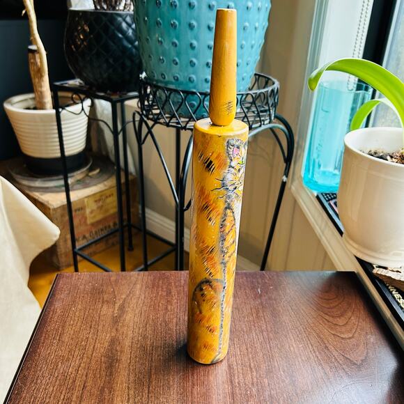 Vintage wooden rolling pen hand painted cat orange tabby kitty art decor signed - Picture 5 of 13